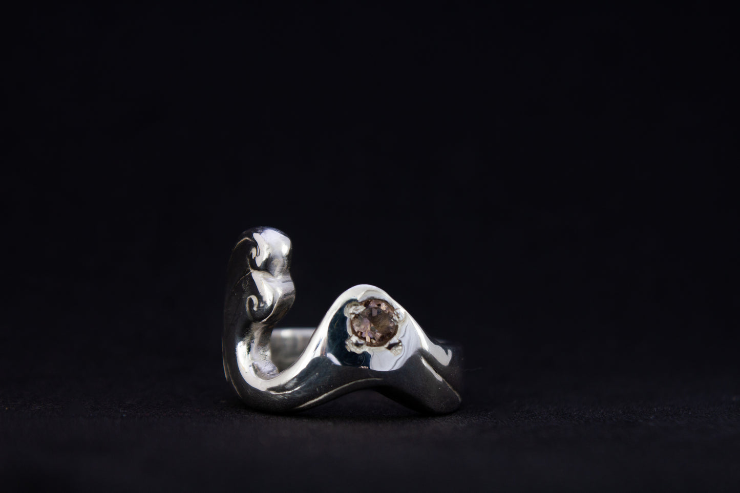 one of a kind sterling silver and spinel sculptural ring handmade Ireland black background