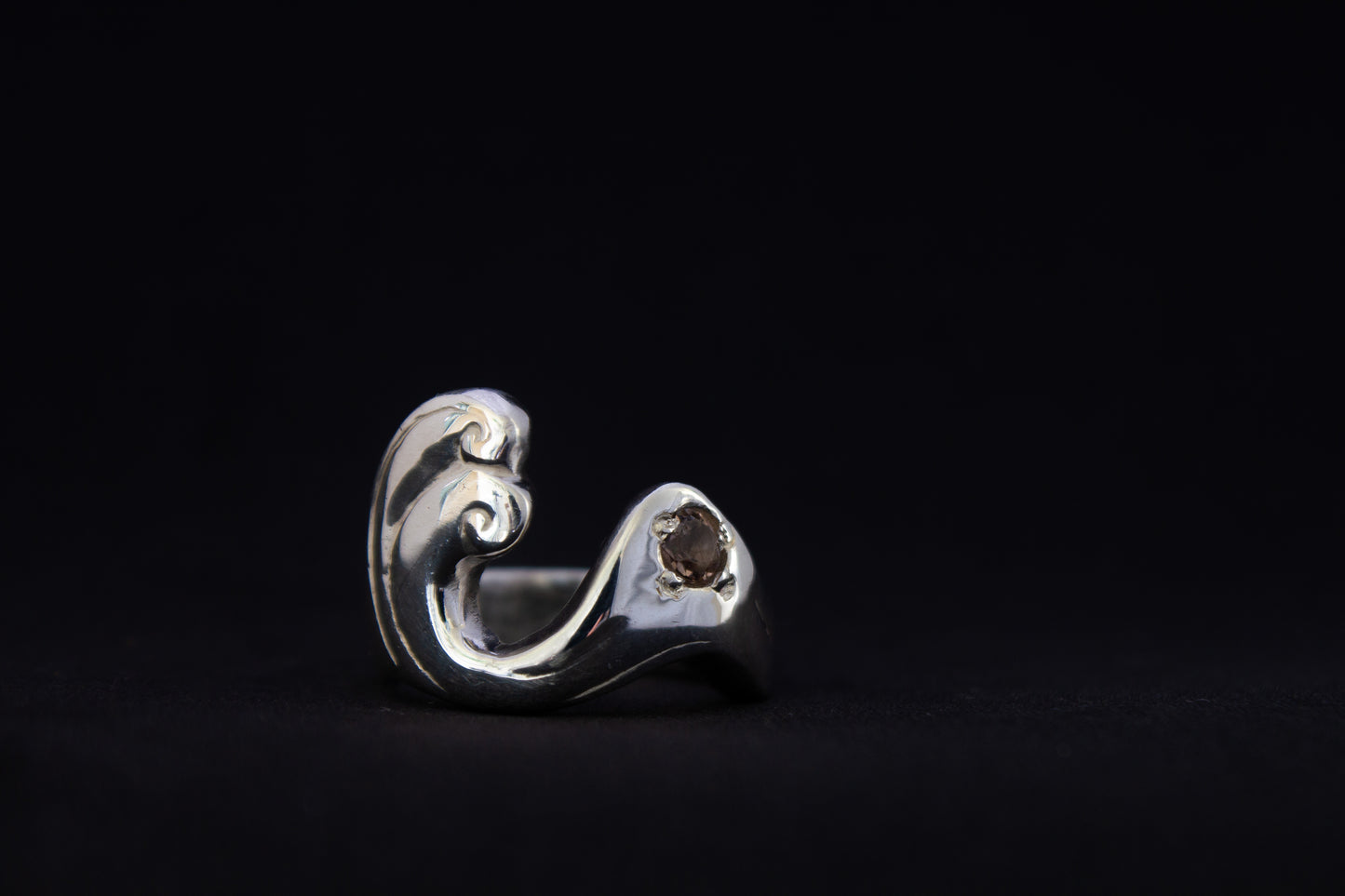 one of a kind sterling silver and spinel sculptural ring handmade Ireland black background