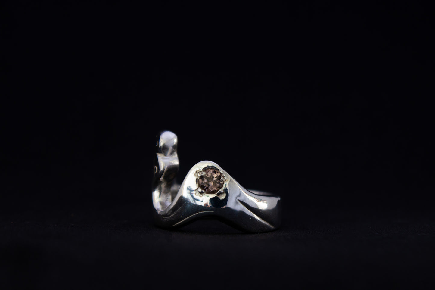 one of a kind sterling silver and spinel sculptural ring handmade Ireland black background
