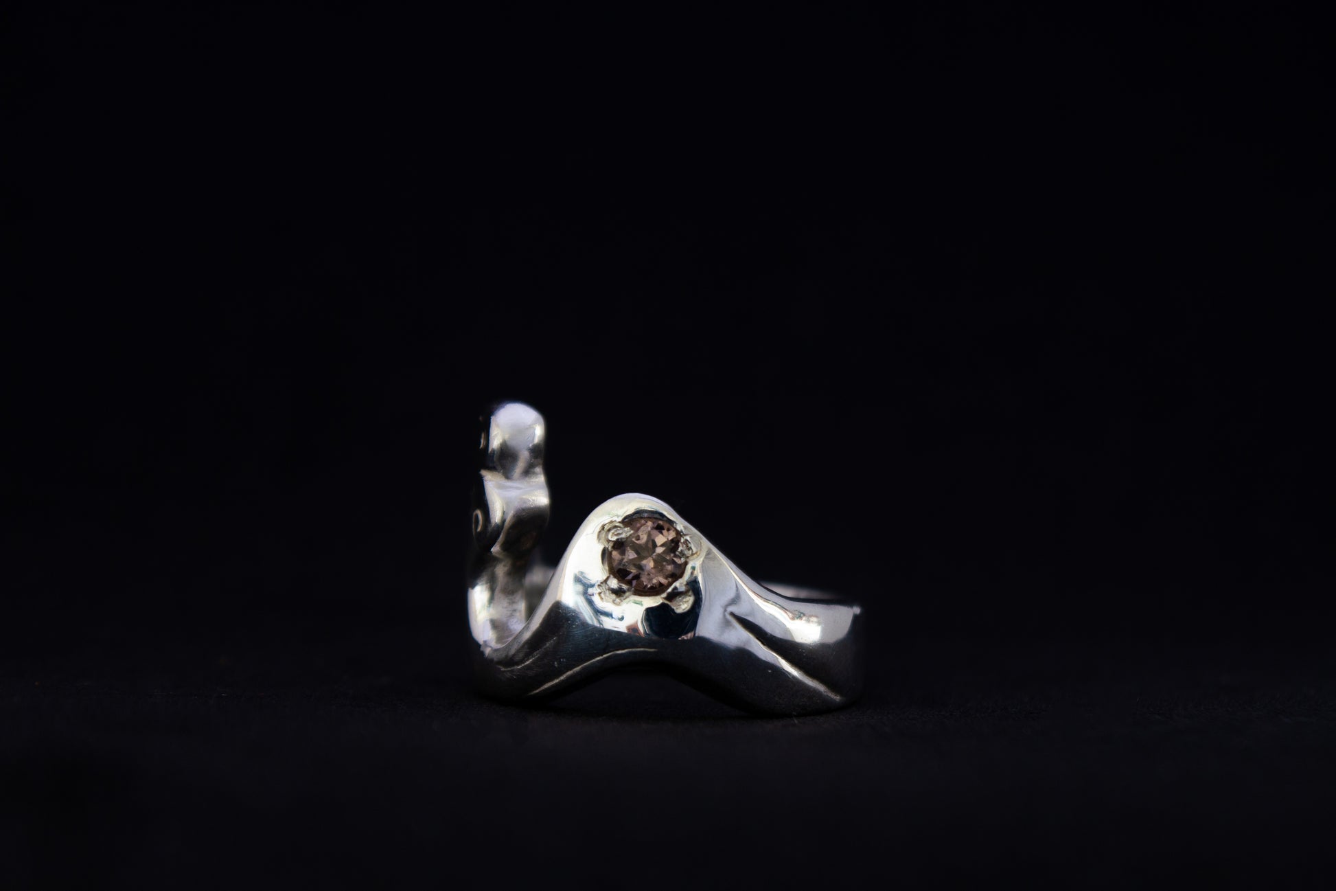 one of a kind sterling silver and spinel sculptural ring handmade Ireland black background